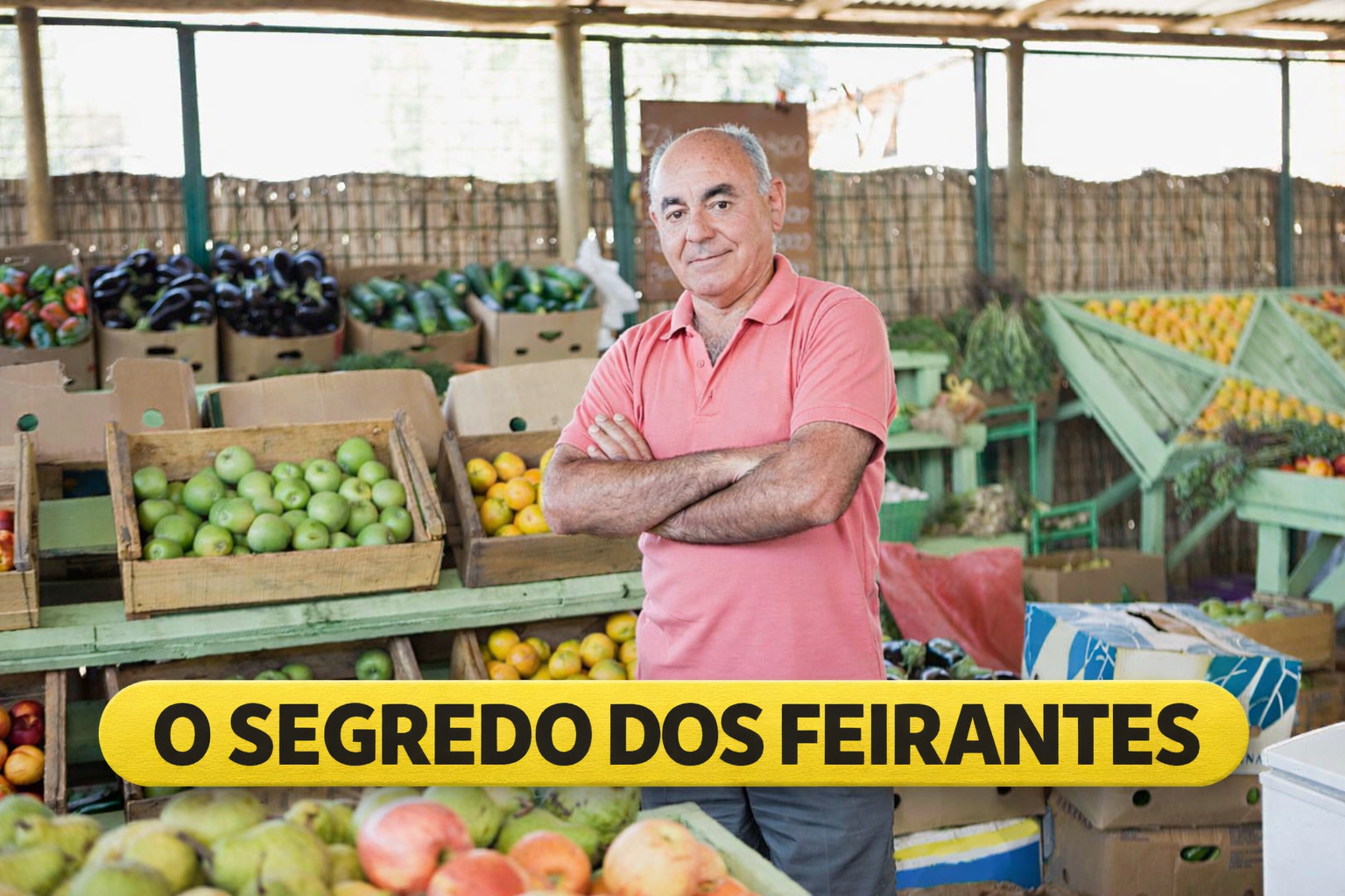 Foto de feirante experiente com braços cruzados em uma banca de mercado com banner amarelo escrito O SEGREDO DOS FEIRANTES. Dicas para escolher frutas frescas e economizar.