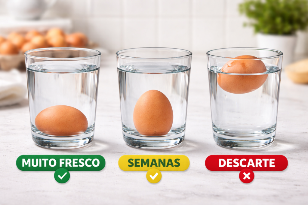 Três copos com água e ovos ilustrando o teste de frescor com banners coloridos e legendas em português: MUITO FRESCO (verde), SEMANAS (amarelo) e DESCARTE (vermelho).