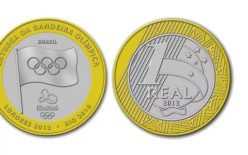 Moeda de 1 Real rara entrega da bandeira olímpica 2012.